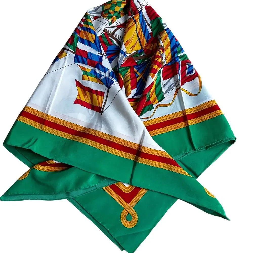 Vintage silky scarf multicolor green white sailing ship flagship motif colorful
